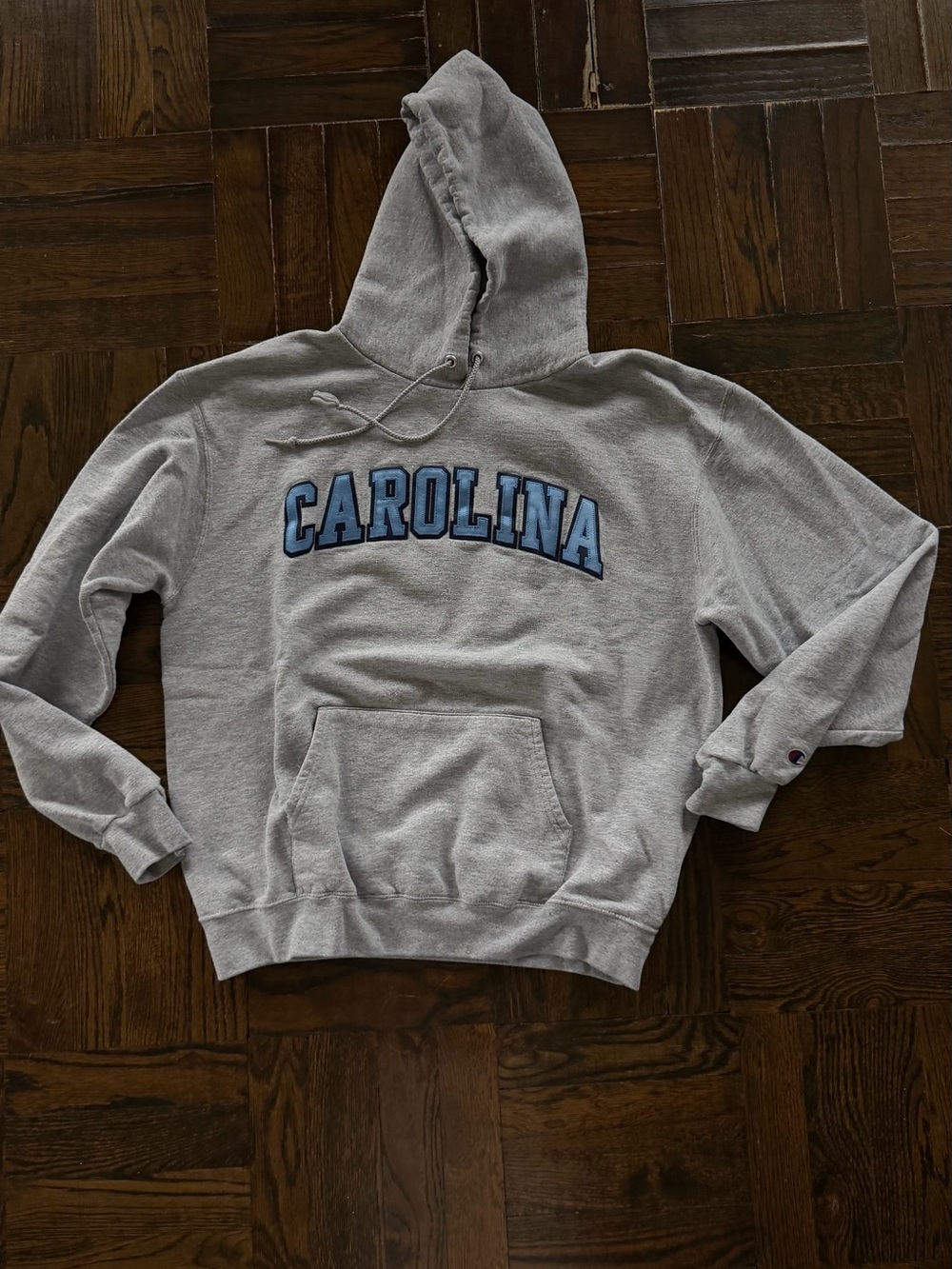 Champion Gray Hoodie with Blue Carolina Lettering